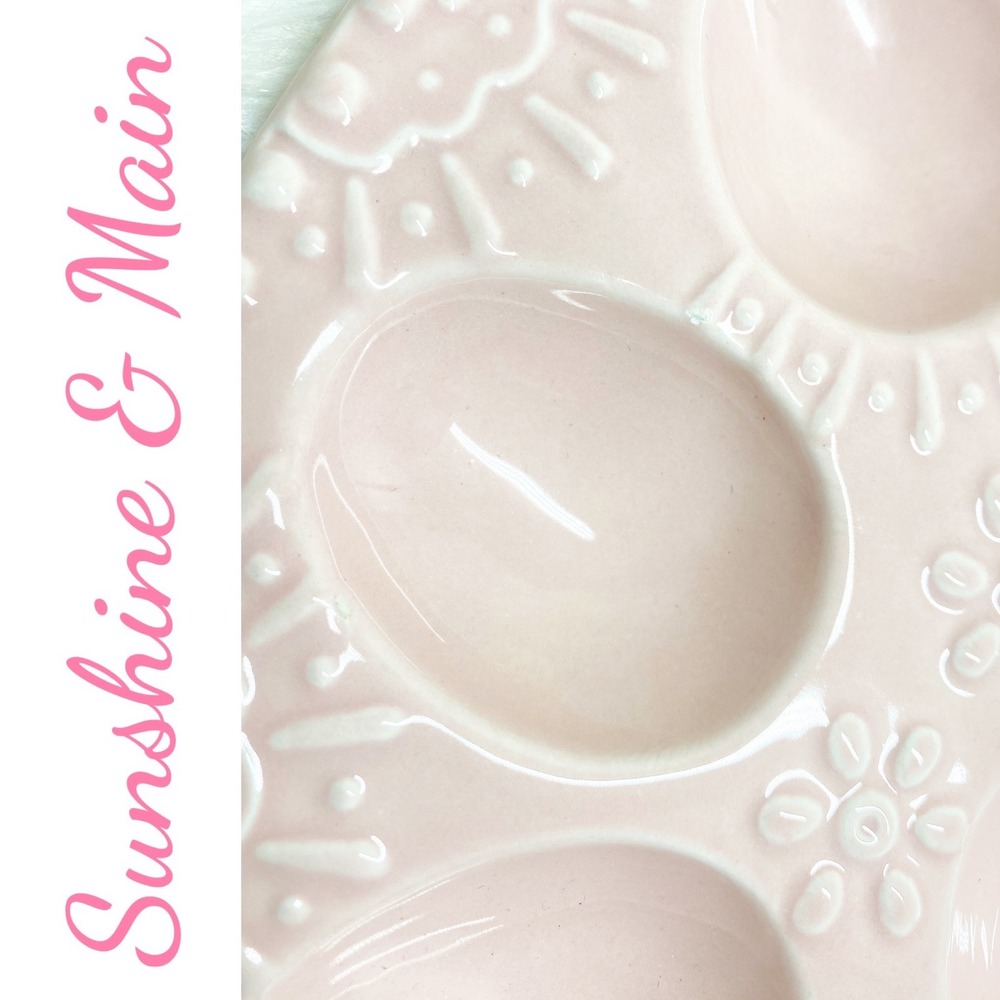 Sunshine & Main Pink Ceramic Egg Shaped Deviled Egg Platter Embossed Floral Tray - Picture 9 of 10